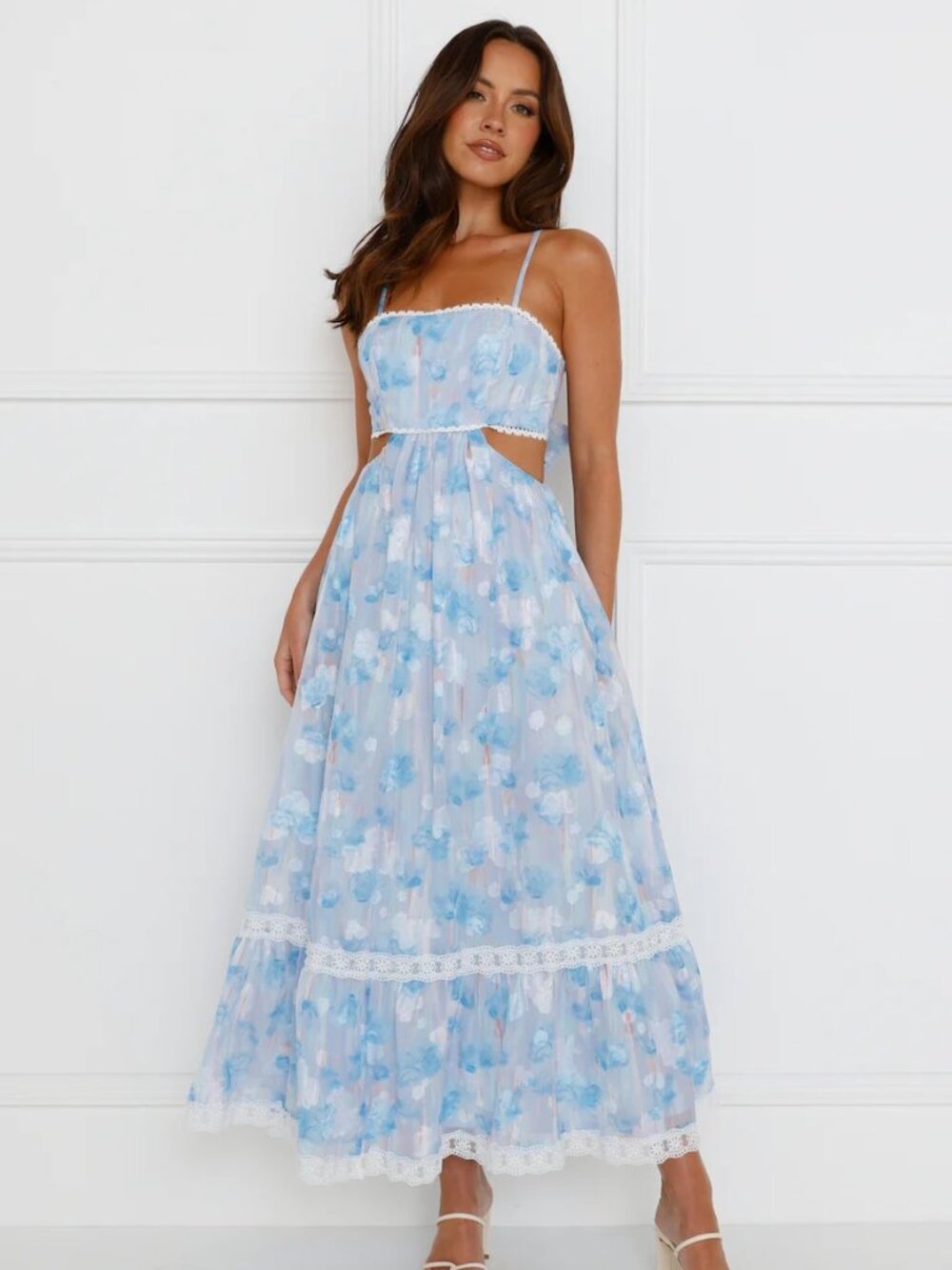 Hello Molly Sapphira Maxi Dress Sz XS Blue Floral Chiffon Cutout Tie Back